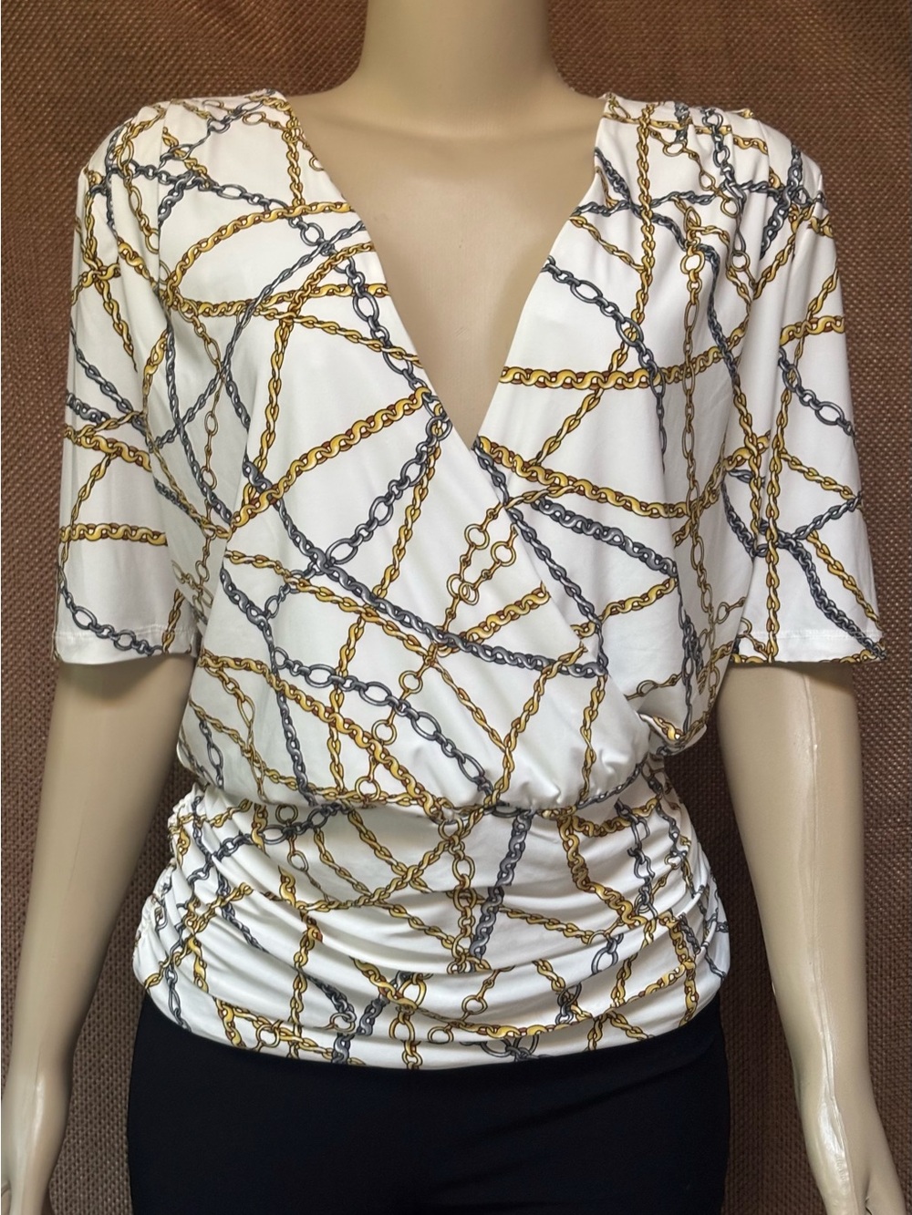 INC International Concepts White Chain-Print Surplice Blouse
